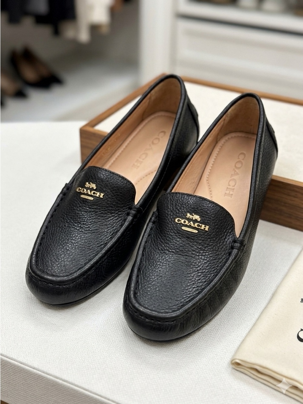 Coach Black Pebbled Leather Loafers with Gold Logo Plaque